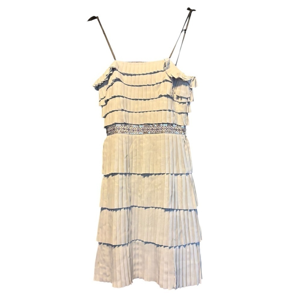 BCBG MAXAZRIA Petite Gray Pleated Tiered Beaded Belt Strapless Dress Size 0